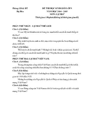 Đề thi học sinh giỏi lớp 9 năm học 2014 - 2015 môn  lịch sử